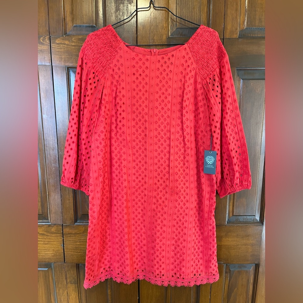 NWT Vince Camuto Red Eyelet Sheath 100% Cotton Dress Size 16